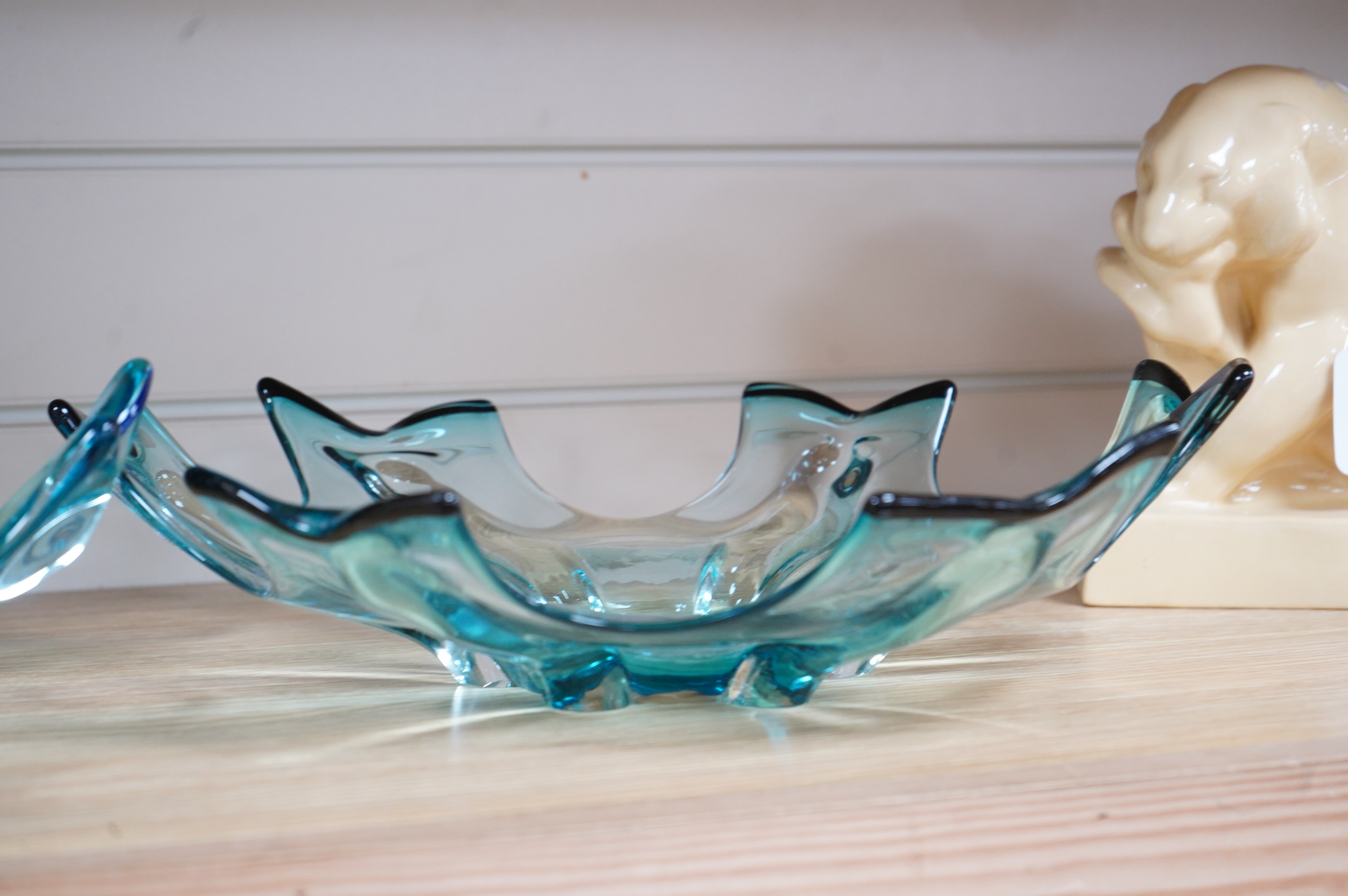 Two 1950's/60's Murano glass ‘rain drop’ blue glass dishes, 37cm in diameter